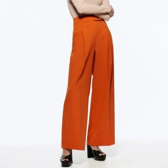 Zara Orange Wide Leg Pants with High Waist and Stylish d-ring Belt - Picture 9 of 11